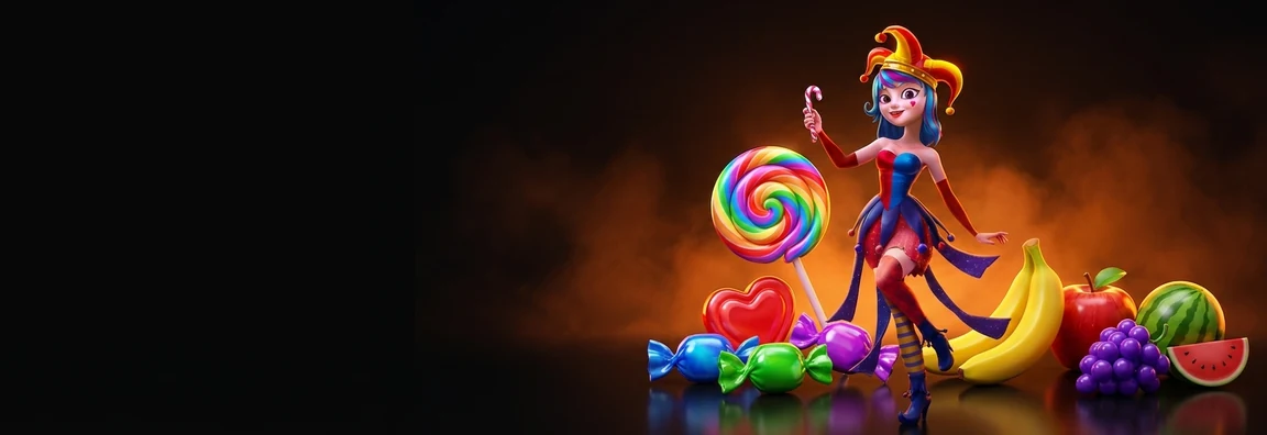 Personaje de arlequín con una paleta gigante de colores, rodeado de caramelos, plátanos, uvas y sandía sobre un fondo oscuro con humo naranja