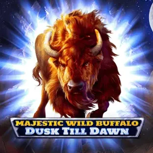 Portada de Majestic Wild Buffalo: búfalo de perfil contra un cielo naranja