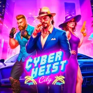 Portada de Cyberheist City: ciudad nocturna de neón con una caja fuerte abierta