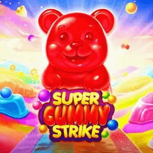 Portada de Super Gummy Strike: ositos de goma de colores sobre fondo celeste
