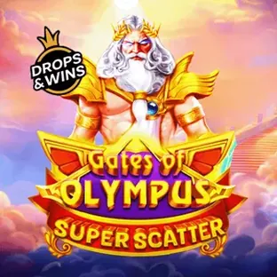 Portada de Gates of Olympus Super Scatter: figura barbada lanzando rayos entre nubes doradas