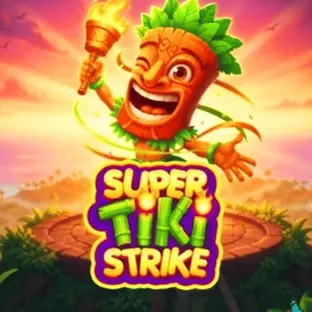 Portada de Super Tiki Strike: máscara tiki de madera rodeada de llamas