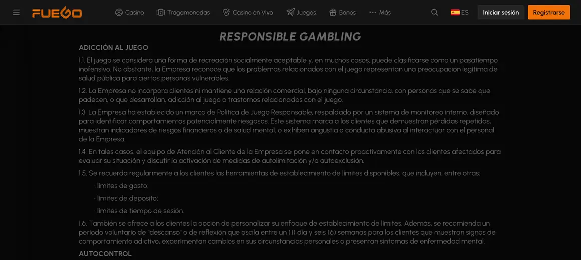 Página de juego responsable de la plataforma con el listado de herramientas de límite, pausa y autoexclusión