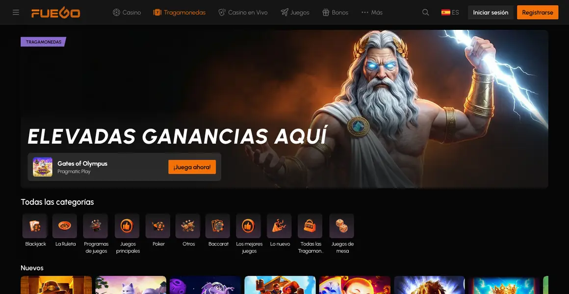 Muro de tragamonedas de la plataforma con la rejilla de fichas cargada y los filtros de categoría en la parte superior