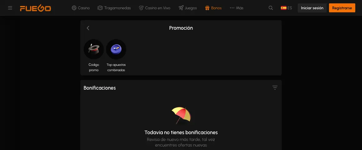 Panel de promociones de la plataforma con las tarjetas de ofertas y el botón para activar el bono
